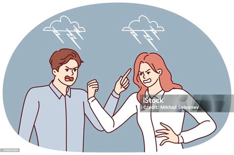 Quarrel Between Man And Woman Angrily Screaming And Pointing Fingers