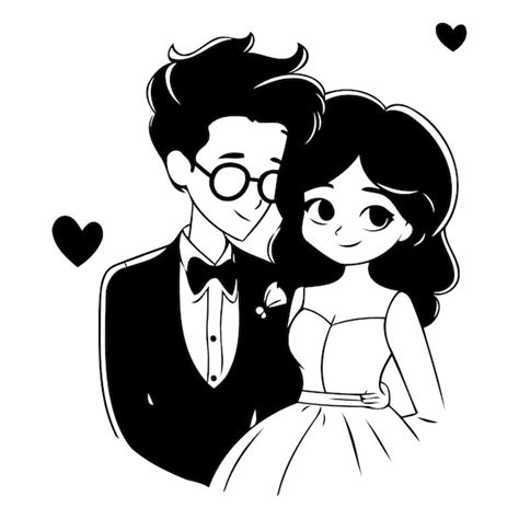 Una Linda Pareja De Dibujos Animados De Novia Y Novio Enamorados