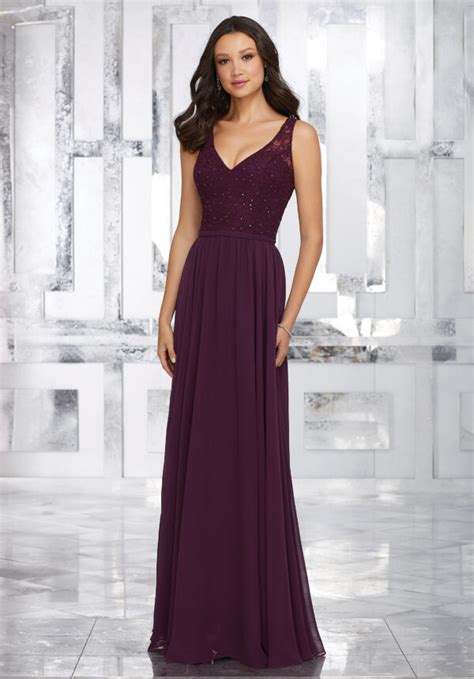 Chiffon Bridesmaids Dress With Beaded Lace Bodice And Keyhole Back