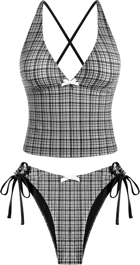 Amazon Zaful Women S Tankini Set V Neck Tummy Control Floral Printed Tie Side Thong Bikini