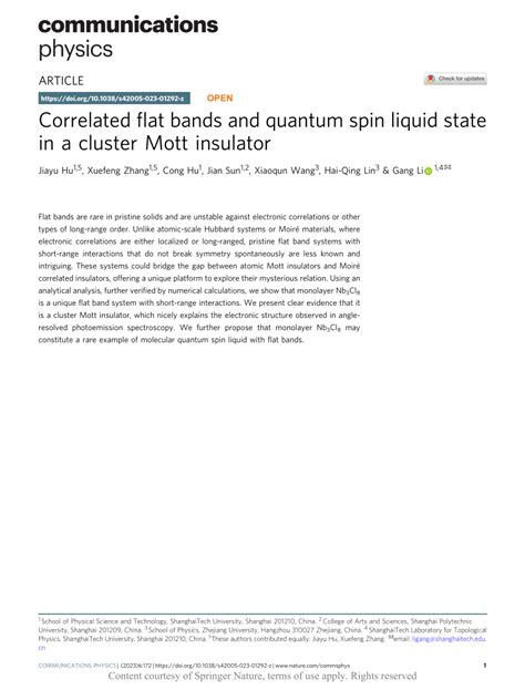 Pdf Correlated Flat Bands And Quantum Spin Liquid State In A Cluster