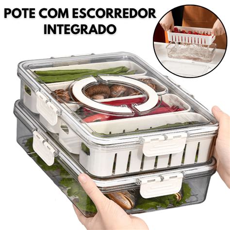 Organizador De Geladeira Kit Potes Hermeticos Escorredor Multiuso