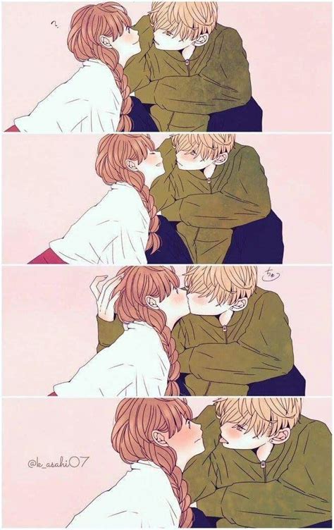 Two Anime Characters Kissing Each Other In Front Of A Pink And White Background With Text That Reads