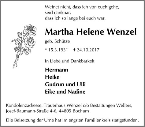 Traueranzeigen Von Martha Helene Wenzel Trauer In Nrw De