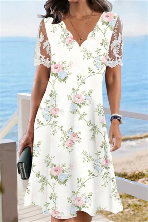 Scalloped Neck Short Sleeve Floral Summer Midi Dress Cherieday