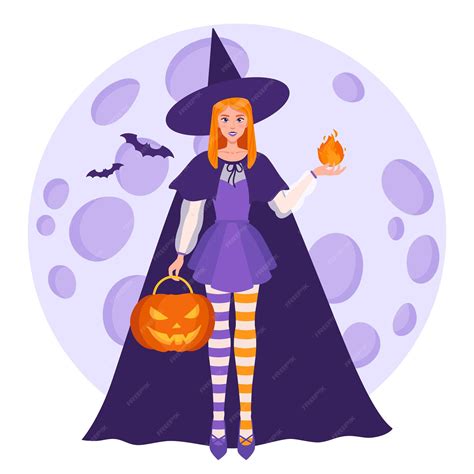 Premium Vector Witch Girl With A Fireball In Her Hand And Halloween Orange Pumpkin On The