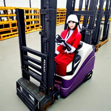 A Person Cosplaying Homura Akemi Operating A Forklift Stable