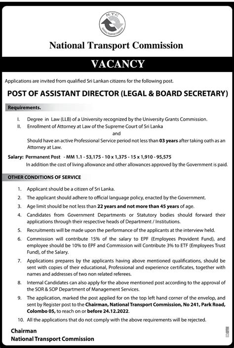 Assistant Director Legal Board Secretary National Transport