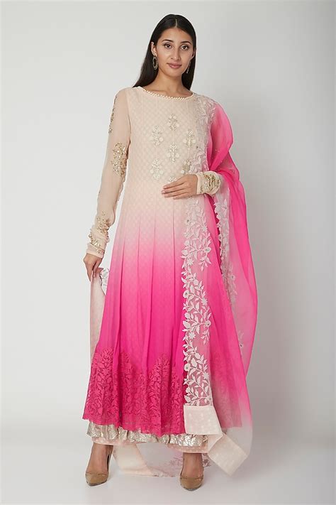 White To Pink Ombre Embroidered Anarkali Set Design By Amrita Thakur At