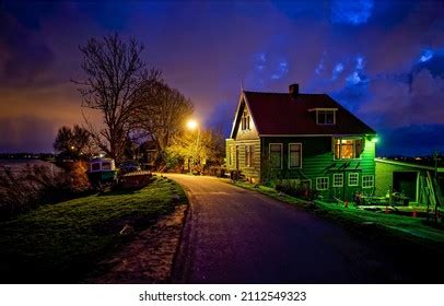 Illuminated Road Night Village House Night Stock Photo 2112549323 ...