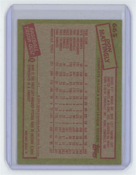 1985 TOPPS DON MATTINGLY NEW YORK YANKEES 665 EBay