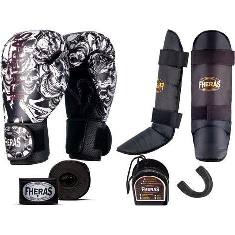 Kit Muay Thai Luva Bandagem Caneleira Bucal Caveira 12Oz Submarino