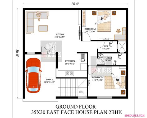 35x30 2-Bedroom House Plan East-Facing Vastu 1050 Sqft - 2DHouses ...