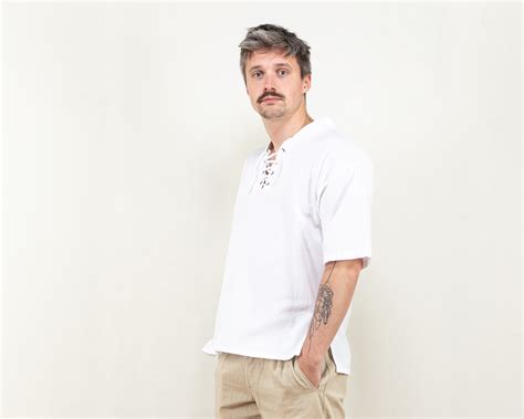 Men Collarless Shirt Vintage 90s Short Sleeve Summer Shirt White Cotton