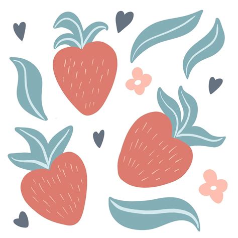 Set Of Cute Hand Drawn Strawberries Leaves And Flowers 3000155 Vector