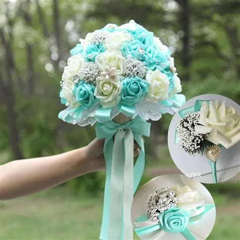 new tiffany blue wedding bouquets pe rose tiffany blue and white bridal bouquet beaded brooch ...