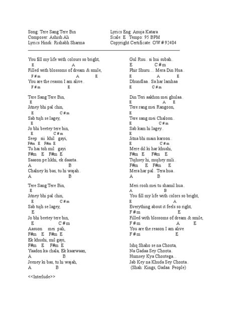 Tere Sang Tere Bin Chord Sheet | PDF | Entertainment (General) | Leisure