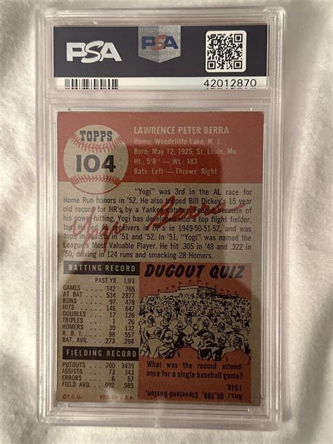 1953 TOPPS YOGI BERRA 104 PSA 4 VG EX NEW YORK YANKEES HOF CENTERED