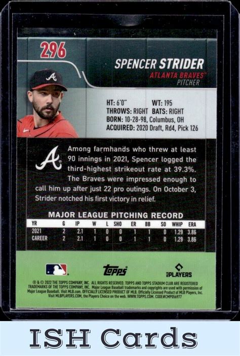 2022 Stadium Club Chrome Spencer Strider RC 296 Atlanta Braves Rookie