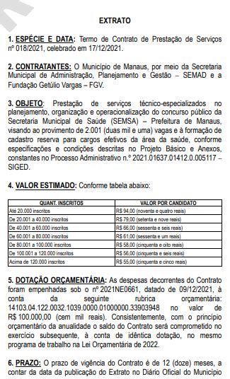 Concurso SEMSA Manaus Divulga Extrato De Contrato A FGV