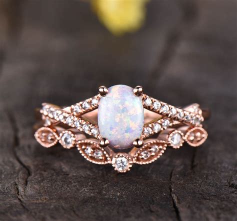 Opal Wedding Ring Set Infinity Engagement Ring Moonstone Engagement