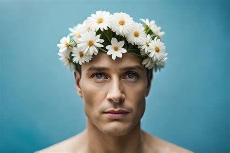 Premium AI Image A Man With Daisies On His Head Is Wearing A Flower