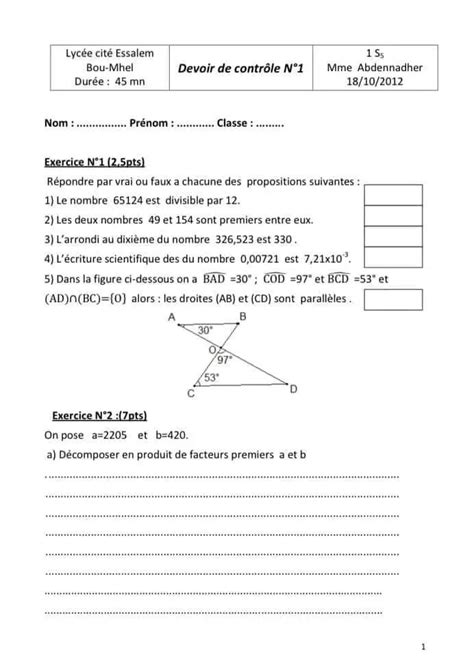 1ère année secondaire Math Devoir de contrôle n 1 math avec correction