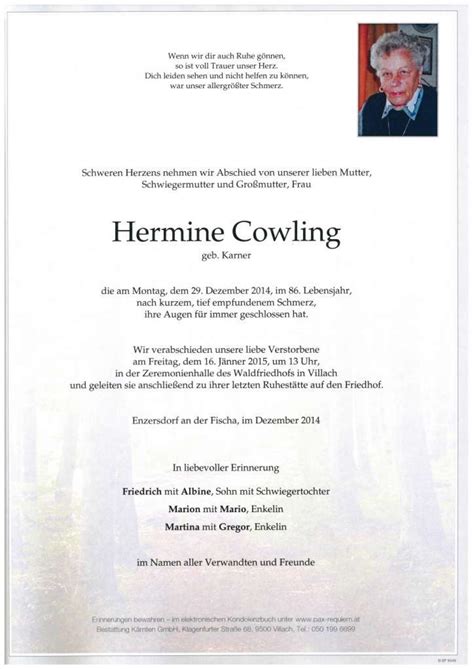 Parte F R Hermine Cowling Geb Karner Pax Requiem