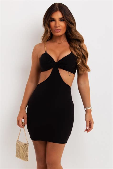 Black Cut Out Bodycon Dress With Gold Chain Straps Uk