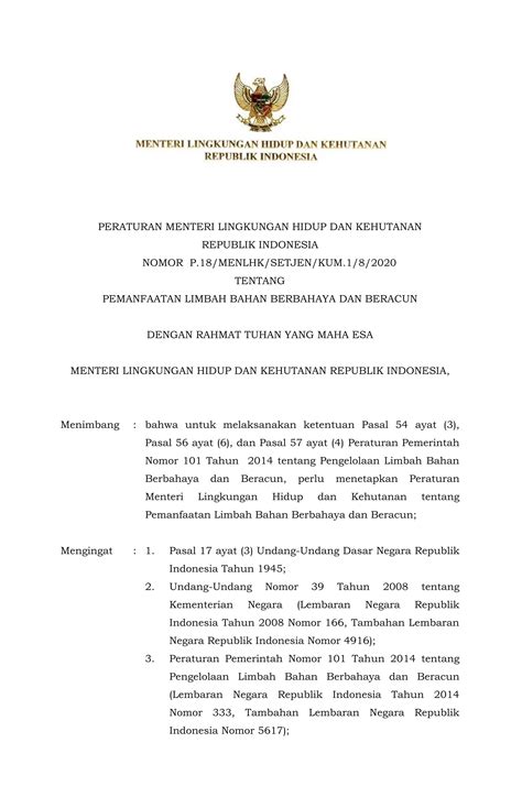 Peraturan Lingkungan Hidup Dan Kehutanan Permen Lhk Nomor 18 Tahun 2020pdf