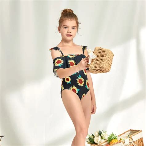 Girls Sunflower Print With Ruffle Design One Piece Swimwear Swimsuit Bikini Beach Wear And