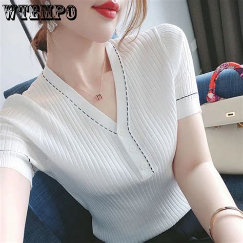 Wtempo Ice Silk V Neck Short Sleeved T Shirt Women S Summer Korean Slim