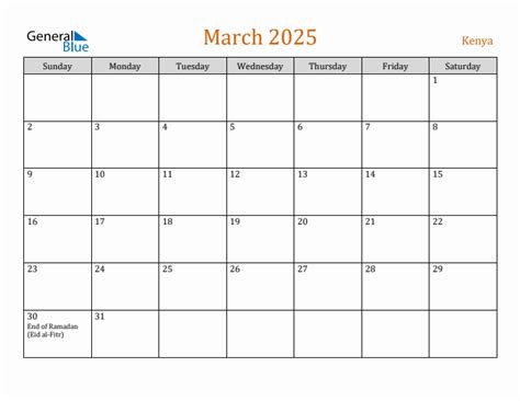 Free March 2025 Kenya Calendar