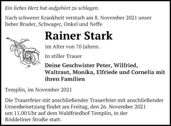 Traueranzeigen Von Rainer Stark Trauer Nordkurier