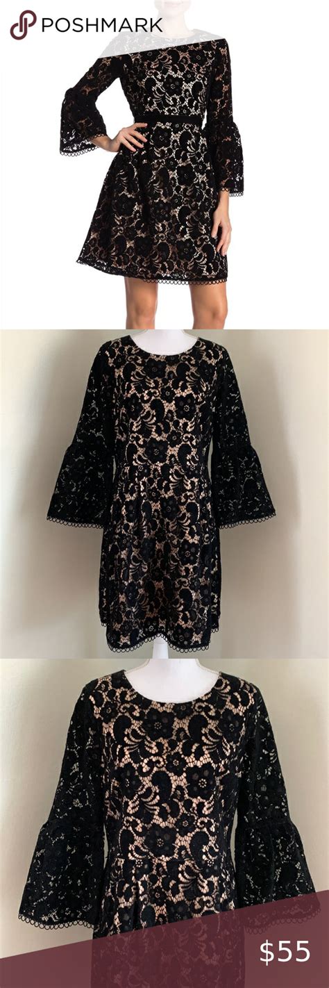 Eliza J Black Lace Overlay Bell Sleeve Fit And Flare Dress Ruffle Bell