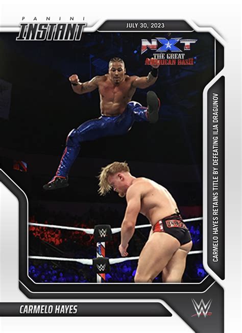 WWE PANINI INSTANT 2023 CARMELO HAYES CARMELO HAYES RETAINS TITLE