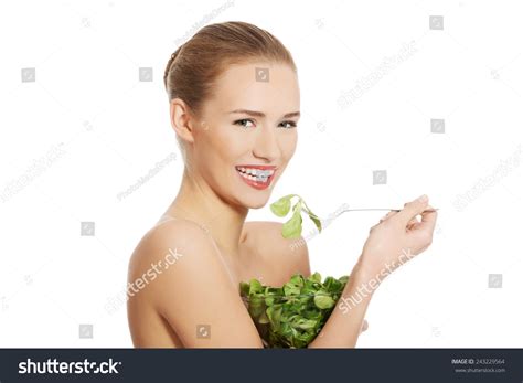Side View Nude Woman Eating Lettuce Stock Photo Edit Now 243229564
