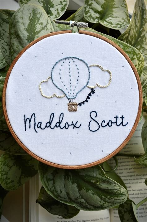 Hand Embroidered Baby Name Hoop Hot Air Balloon Embroidery Birth Announcement Personalized