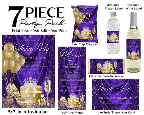 Womans Purple Gold Birthday Party Bundle Womans Purple Gold Birthday Invitations Womans