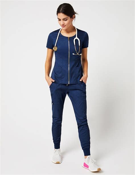 Zip Front Peplum Top In Estate Navy Blue Medical Scrubs By Jaanuu