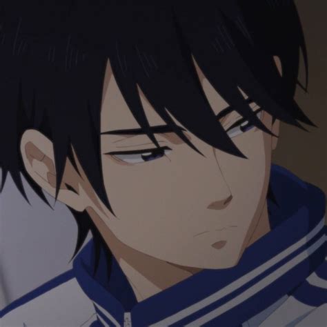 An Anime Character With Black Hair Wearing A Blue And White Striped