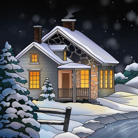 A Cartoon House With Snow On The Ground