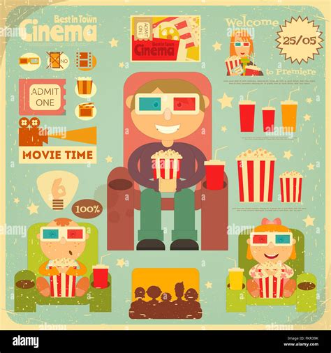 Cinema Retro Poster. Movie Collection in Flat Cartoon Style. People ...