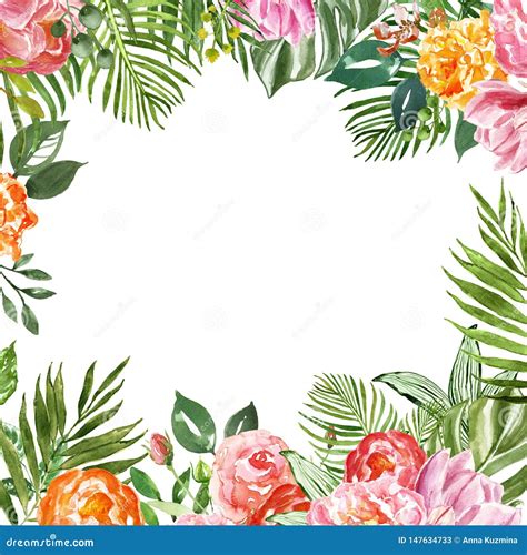 Watercolor Tropical Floral Frame With Green Exotic Foliage And Colorful