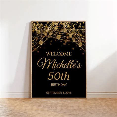 Black Gold String Lights Welcome 50th Birthday Poster Zazzle