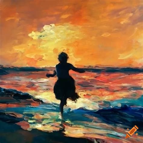 Blonde girl running on the sea at sunset in joaquín sorolla y bastida