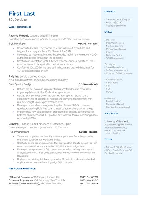 Sql Developer Cv Examples For Resume Worded