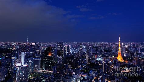 Panoramic Nighttime Scenery Of Tokyo Tower In Cityscape Photograph by Maxim Images Prints