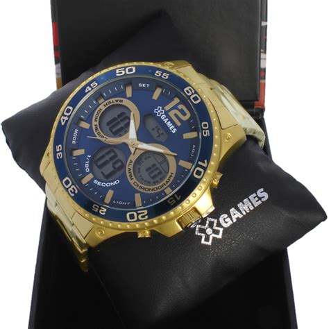 Relogio X Games Masculino Grande Dourado Aço Anadigi Submarino