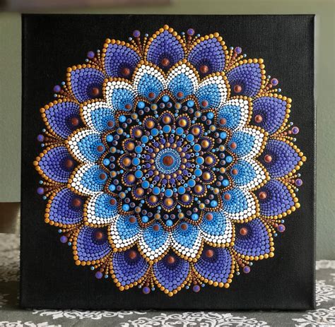 Lovely Dot Mandala On Black Stretched Canvas X Purple Blue Gold